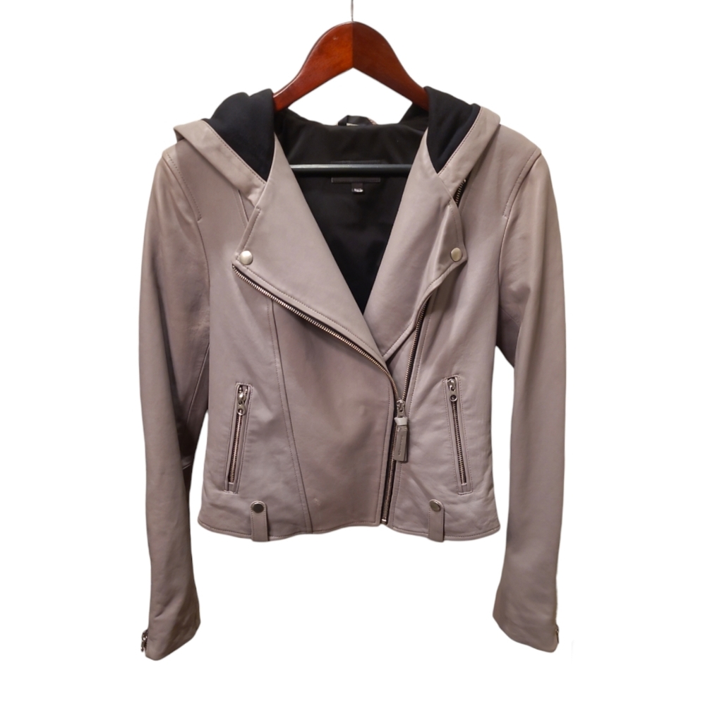 MACKAGE | Gray Lambskin Asymmetrical Zip Hooded Moto Leather Jacket XS - Picture 3 of 8
